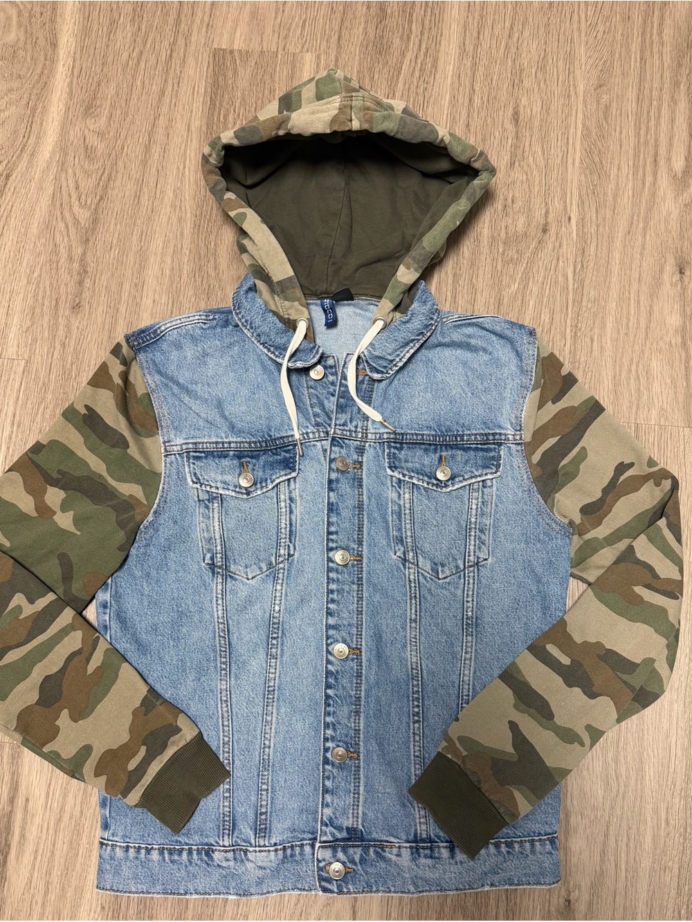 H&M Hooded Light Blue Denim Jacket with Green Camo Sleeves